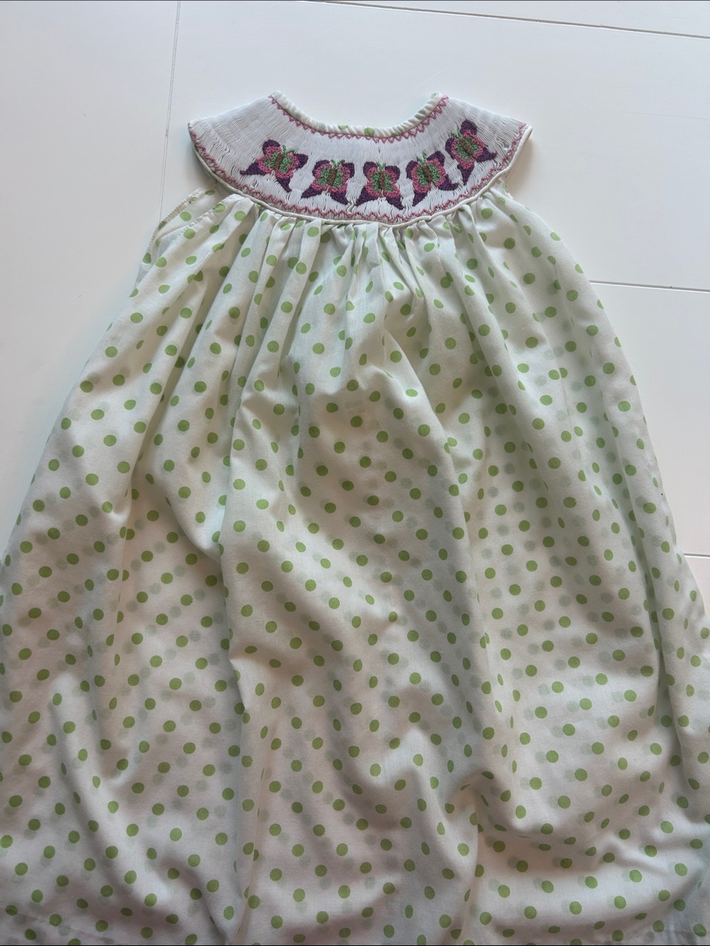 White and Light Green Polka Dot Smocked Yoke Kids Dress